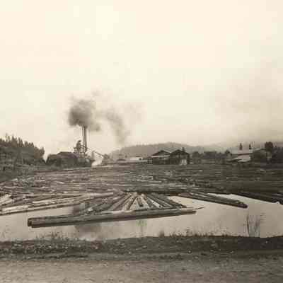 Photograph of the log pond at Fischer Lumber Company, Marcola, Oregon, 1948
