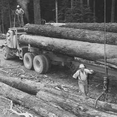 Photograph of a One Armed Logger next to a truck full of logs