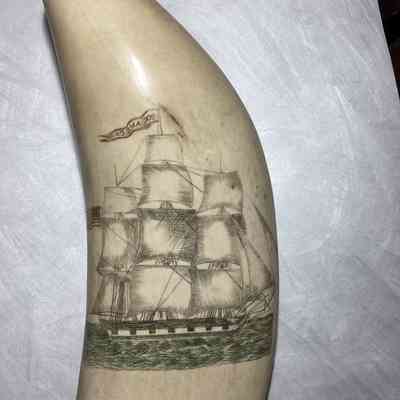 Scrimshaw: Ship Flying American Flag and Woman Holding Flower