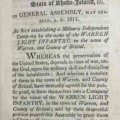 Page 1: The image displays a historic document titled "CHARTER" from the "State of Rhode Island" dated A.D. 1811. The text details an act passed by the General Assembly to establish a military independent company named the "WARREN LIGHT INFANTRY" in the town of Warren, County of Bristol. The document elaborates on the necessity of this military body for the preservation of security and order during times of war, influenced by the public good and mutual agreement among the local inhabitants.