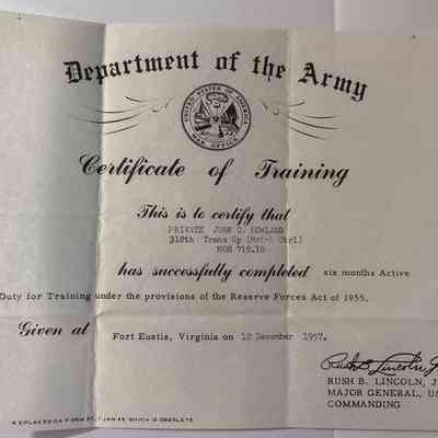 Department of the Army Certificate of Training of John Calder Howland Jr.