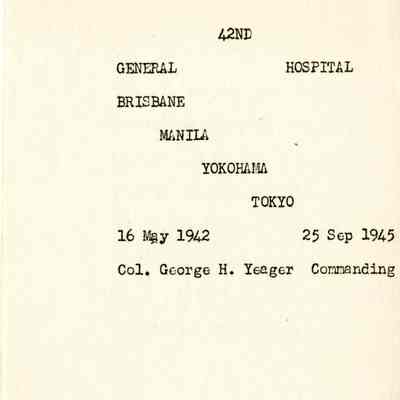 1997.243.39: Back of memorial program listing postings of the 42nd General Hospital, 16 May 1942-25 September 1945