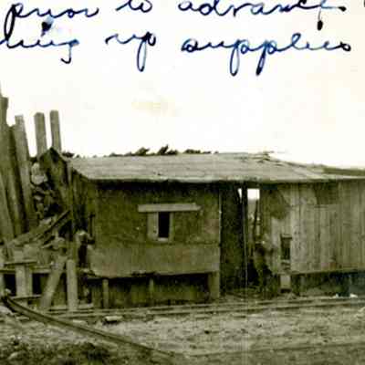 Partially demolished wooden structure used by German near Charney-sur-Meuse.