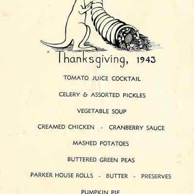 1997.243.38: Menu description with kangaroo, 42nd General Hospital, Thanksgiving 1943