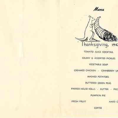 1997.243.38: Full interior view of menu, 42nd General Hospital, Thanksgiving 1943