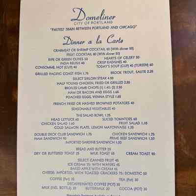 Domeliner Dining Car Menu