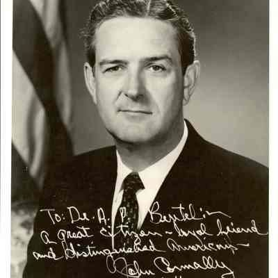 A black and white photo of John Connally inscribed to Dr. Beutel