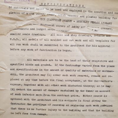 Specifications for material and labor in construction of the Claremont branch of the Berkeley Public Library