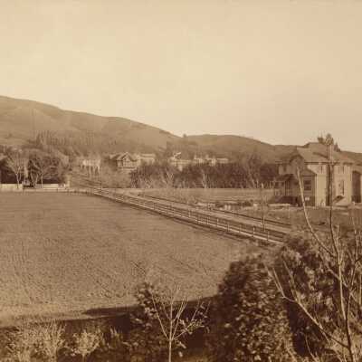 This photo of same scene was posted by owner Stuart Cook on Berkeley History Facebook Group 1/1/2022. His copy is inscribed "From May's window - looking east - January 1, 1886." May was evidently the daughter of George and Sarah Dornin, who lived on Dwight Way (per Anthony Bruce).