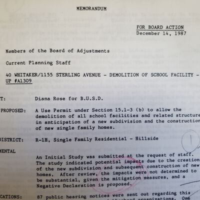 Ariel Parkinson papers on Grizzly Peak School, parks, and land use issues, 1962-2001