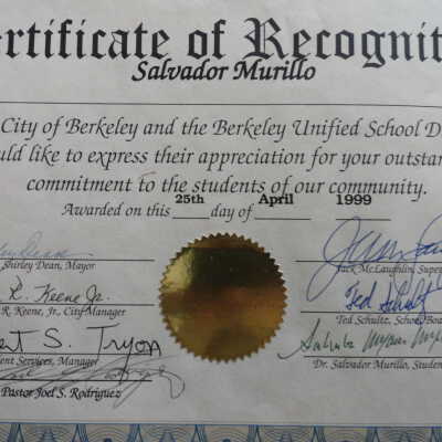 Certificate of recognition: Salvador Murillo