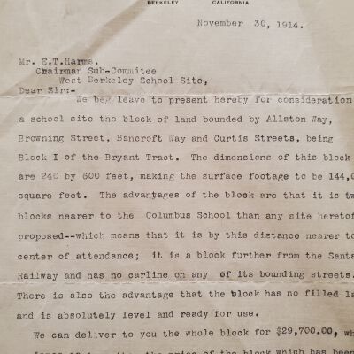 Material concerning bulding a school at Bancroft Way and Curtis Street