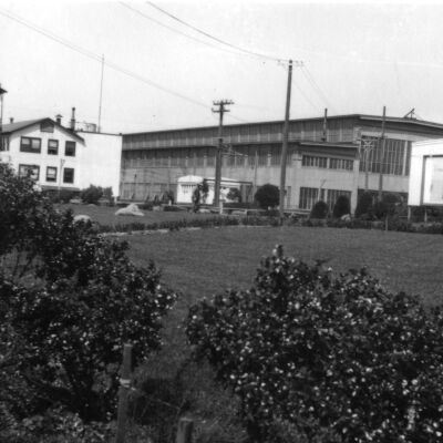 View across small park to unidentified industrial buildings