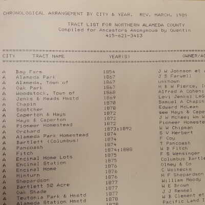 Tract list for northern Alameda County, chronological arrangement