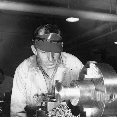 World War II lathe operation