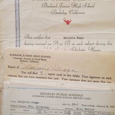 Report cards and religious certificates, 1932-1938, of Marjorie Beggs Safores