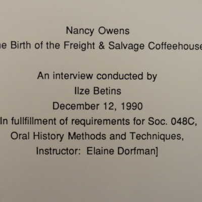 Nancy Owens The Birth of the Freight & Salvage Coffeehouse
