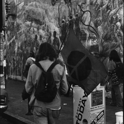 Person with backpack carrying peace sigh flag