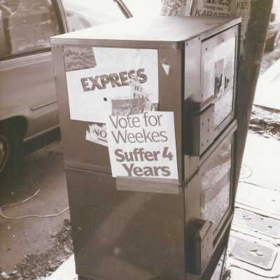 Political sign: Vote for Weekes, suffer 4 years