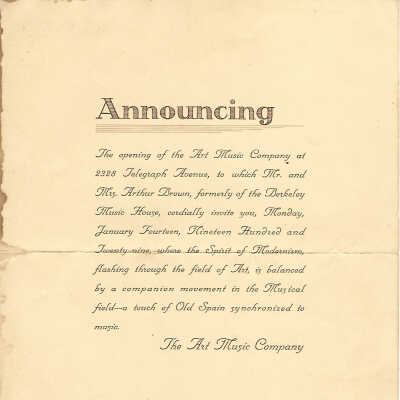 74: Announcement of opening of Art Music Company, January 14, 1929. 