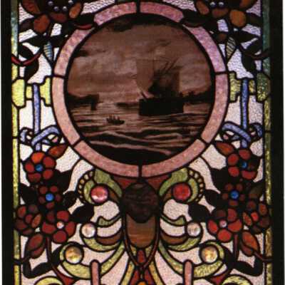 stained glass detail in entryway of Captain Joseph Boudrow home: Origformat: Postcard