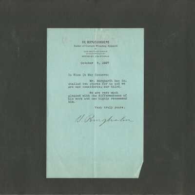 16: H. Ringholm, taylor, letter re Bernhardt’s remodeling. October 6, 1927. 