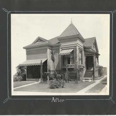 36: “After.” Unidentified residence. Sign mounted in lawn: “Geo. L. Bernhardt. Architectural design. 	Our work is different. Remodeling, Interior decorating.”