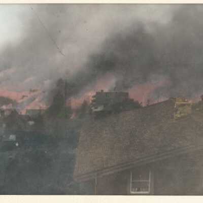 Large tinted photo panoramas of the Berkeley fire of 1923