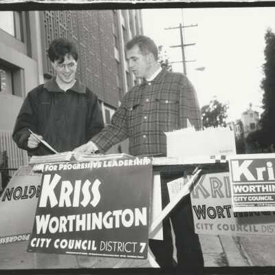 2011.060.459d: Noah Berger, photog. 1996. With Jonathan Pennington, campaign volunteer, outside Unit II university dorm. 