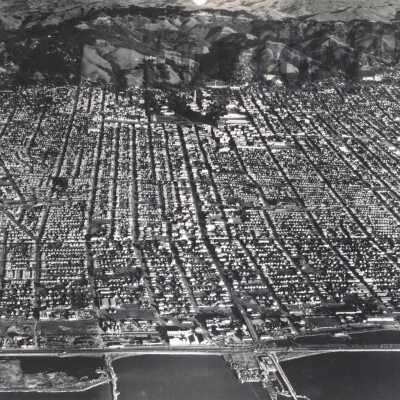 Aerial view of Berkeley from Bay to hills