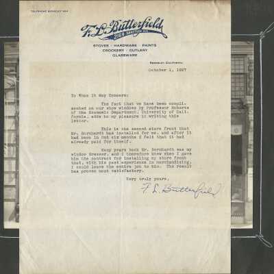 26: Butterfield’s exterior view. On same page letter from F. L. Butterfield, October 1, 1927, commenting on Bernhardt’s work, also stating that Bernhardt had been his window dresser some years before. 