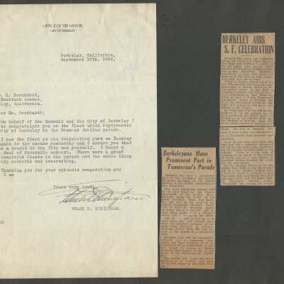 10: Letter from Frank D. Stringham, Sept. 10, 1925, mayor of Berkeley, and two clippings re 	Bernhardt’s design for float on occasion of 75th anniversary of California’s statehood. 