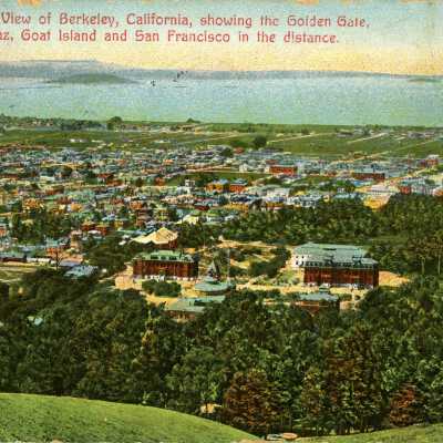 Panoramic view of Berkeley, California, showing the Golden Gate, Alcatraz, Goat Island...
