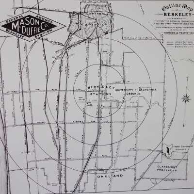 Outline map of Berkeley showing 1. comparative distances from center of the city 2. all lines of transportation, local & suburban...Northbrae properties.
