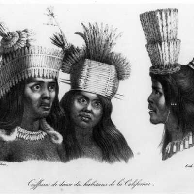 Ohlone Indians with headdresses and body paint.