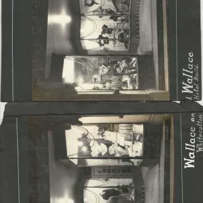 31 center: “Wallace and Wallace, clothiers, Whitecotton Hotel building”. Two-page panorama of show windows on a folding sheet, now torn.