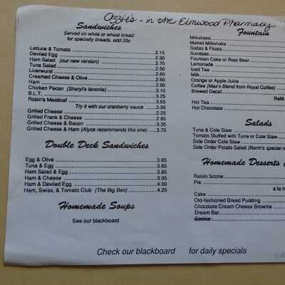 Menu Ozzie's Soda Fountain