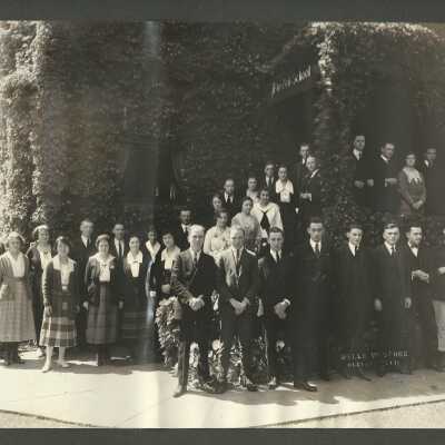 Memorial service for Cora Williams; group in front of A to Zed School