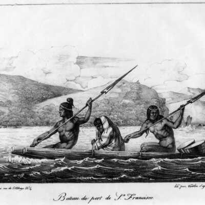 Ohlone Indians riding in tule boat