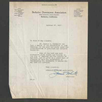 41: Letter from Berkeley Downtown Association, signed by Jessie White, secretary, Oct 27, 1927, stating Bernhardt has been a member of the association for six years and recommending his work.