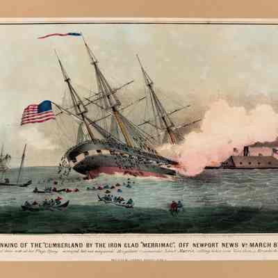 The Sinking of the "Cumberland" by the Iron clad "Merrimac" off Newport News, VA. March 8th 1862