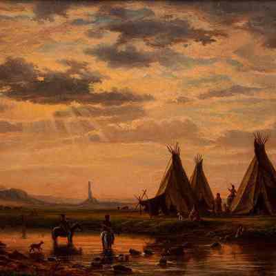 Chimney Rock in the Platte River Valley with Oglala Sioux Village