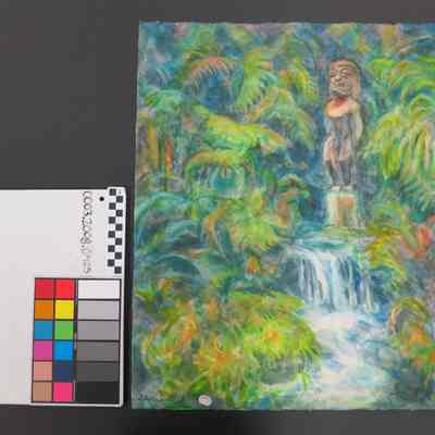 Waterfall, Carved Figure & Tropical Foliage, Pounahuu