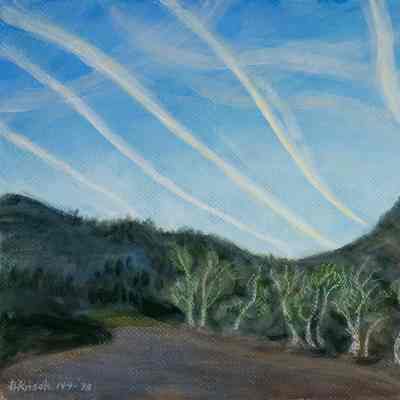 Jet Trails above Mountains and Trees
