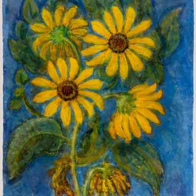 Five Sunflowers on Blue