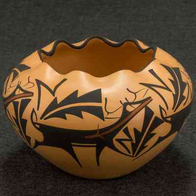 untitled, Zuni bowl with deer and feather motifs