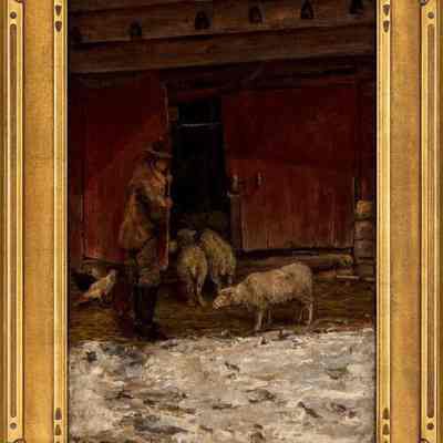 Farmer Leading Sheep into Barn