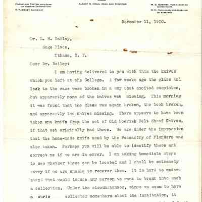 Letter: AR Mann to LH Bailey re: Return of Marcus Bailey knife collection from exhibit at Cornell University