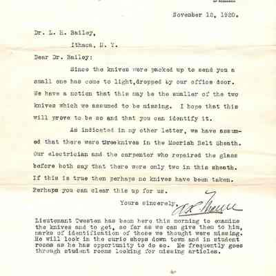 Letter: AR Mann to LH Bailey re: Return of Marcus Bailey knife collection from exhibit at Cornell University