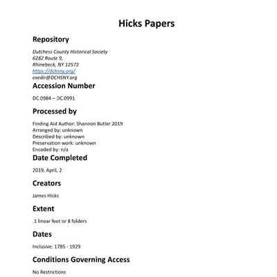 Hicks: James Hicks Papers